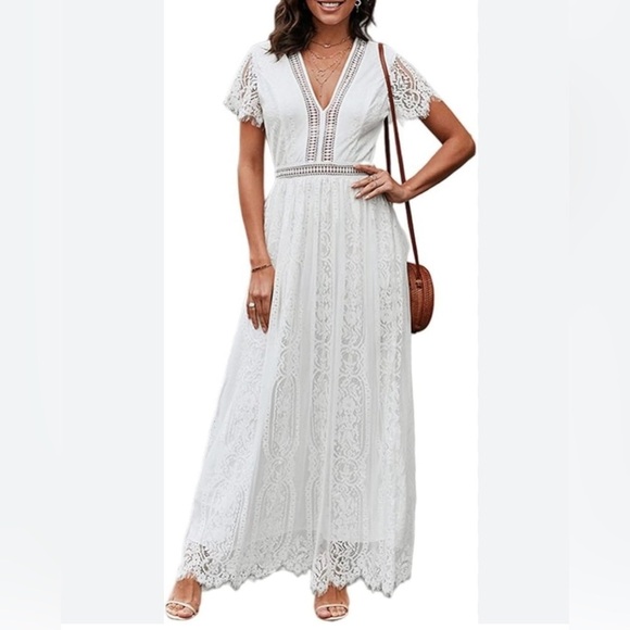Dresses & Skirts - White V Neck Short Sleeve Floral Lace Wedding Bridesmaid Maxi Dress Small